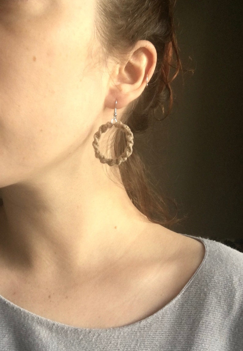 Single Hoop Macrame Earrings Lightweight Beige