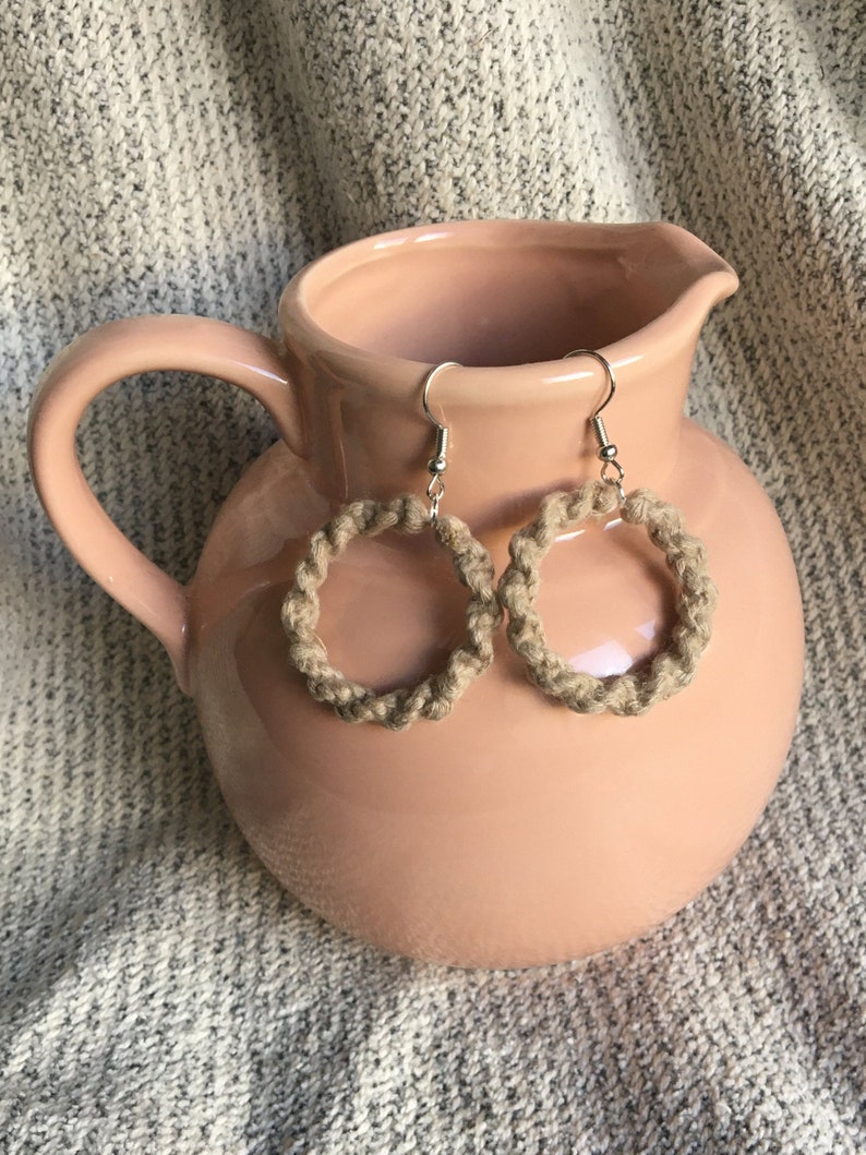 Single Hoop Macrame Earrings Lightweight Beige