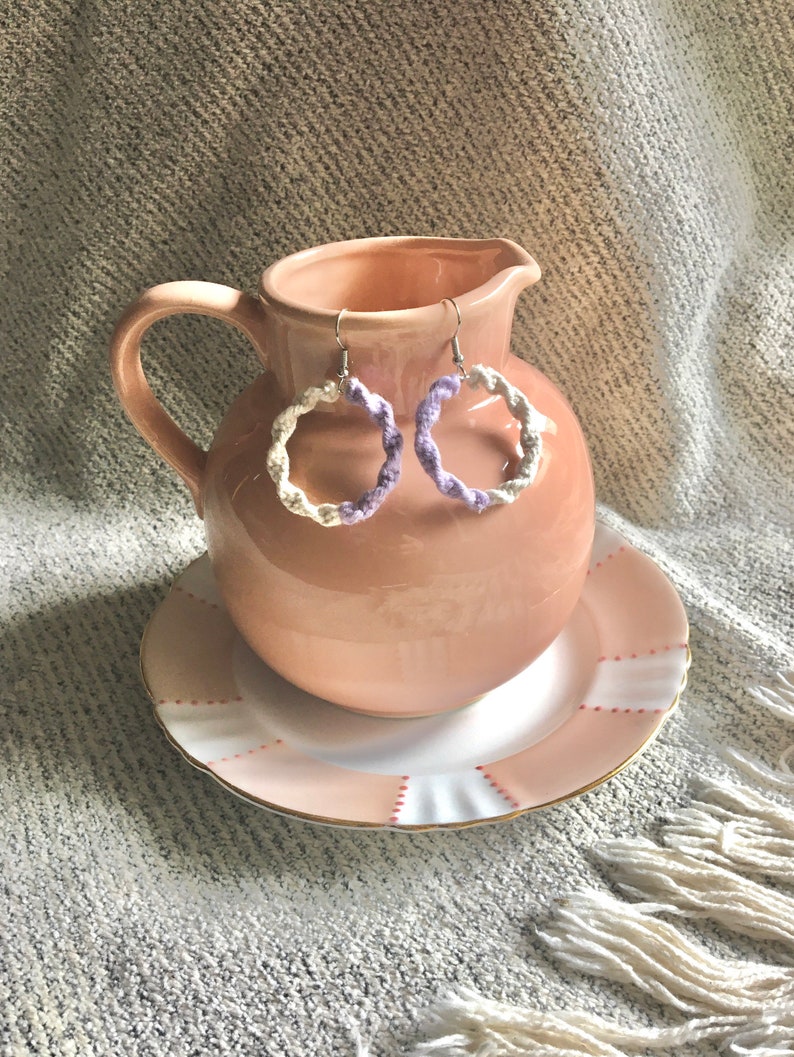 Single Hoop Macrame Earrings Lightweight White and Lilac Boho style Jewellery
