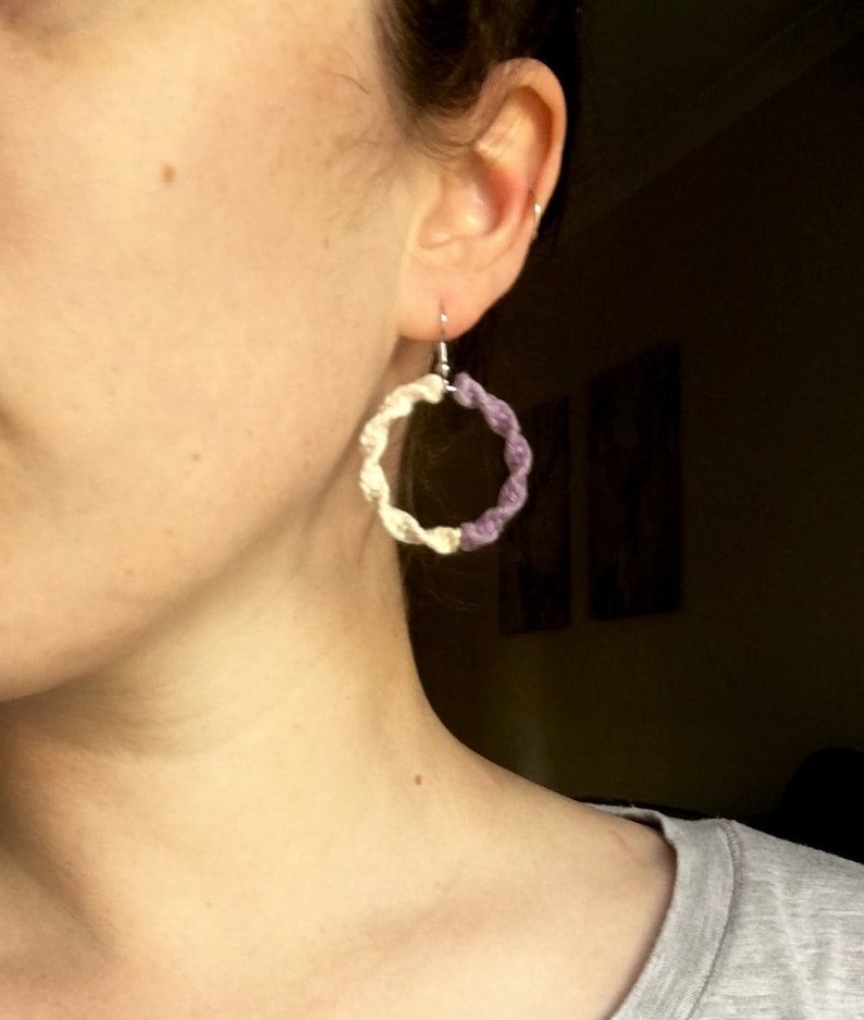 Single Hoop Macrame Earrings Lightweight White and Lilac Boho style Jewellery