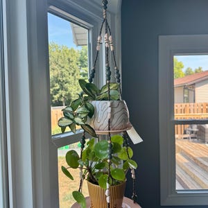 May include: A hanging plant holder with two ceramic pots, one white and one mustard yellow, suspended by beaded cords. The pots hold green plants and sit on pink saucers. The holder is suspended from a hook near a window.