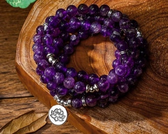 108 Mala Beads Amethyst Stone Healing Bracelet Necklace-Spiritual Protection Strength Confidence Meditation Chakra Balance Bracelet