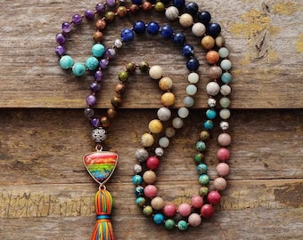 108 Beads Healing Mala Necklace-7 Chakra Tassel Necklace-Natural Stone Mala Prayer Beads Necklace-Meditation Spiritual Protection Necklace