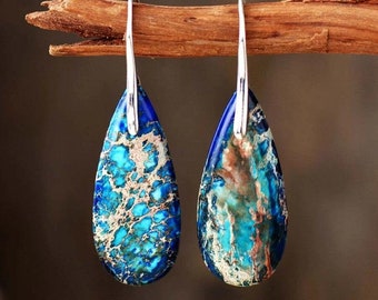 Natural Blue Sea Sediment Stone Dangle Healing Drop Earrings-Inner Peace Meditation Grounding Balance Mental Health Gemstone Earring