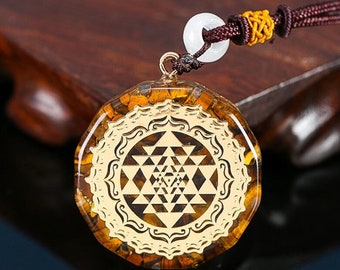 Orgonite Natural Tiger Eye Crystal Pendant Necklace-Sri Yantra Sacred Geometry Orgone-EMF Protection Chakra Healing Orgone-Orgonite Gift