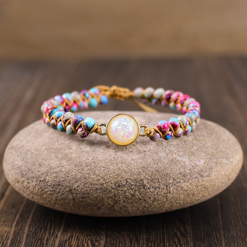 Opal Stone Bracelet-Healing Meditation Natural Galaxy Sea Sediment Bracelet-Spiritual Protection Inner Peace Anxiety Relief Bracelet 