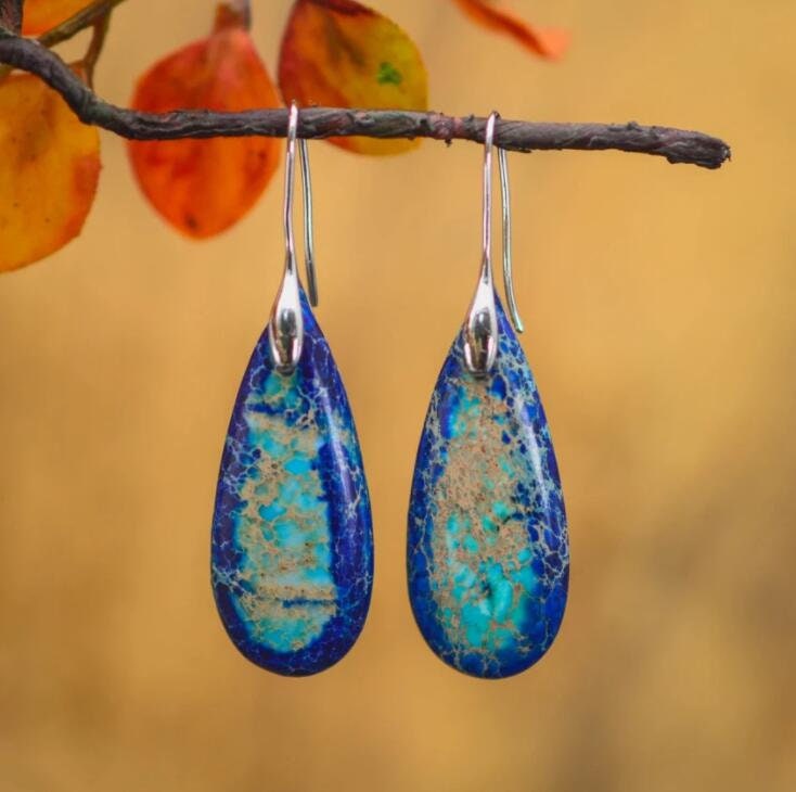 Natural Stone Earrings-Blue Sea Sediment Dangle Healing Drop Earrings…