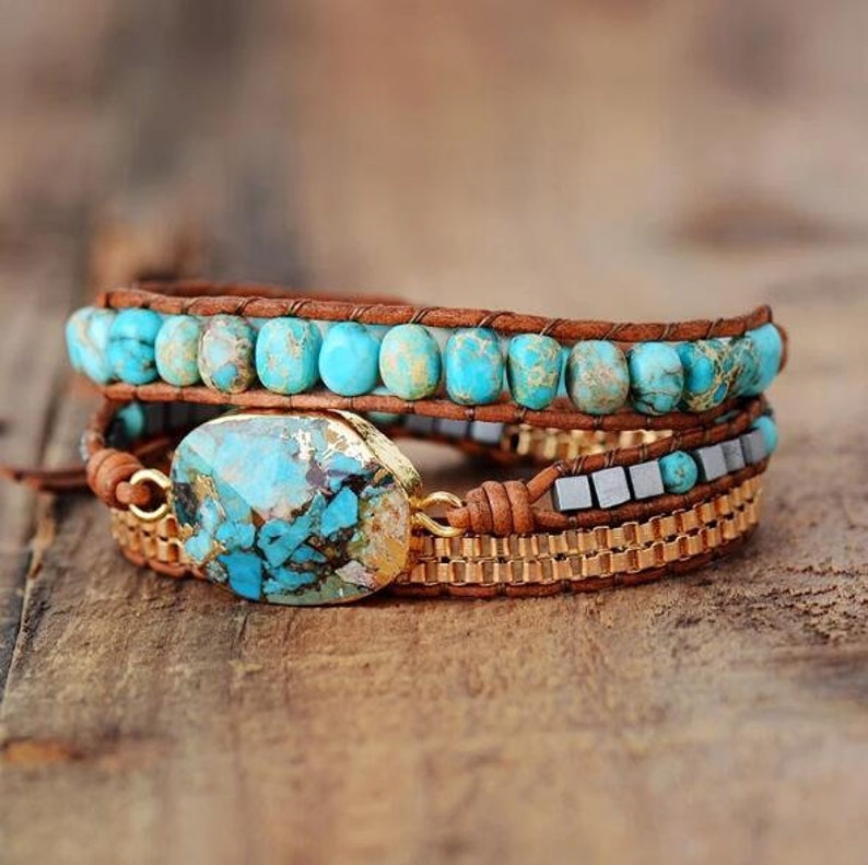 Leather Turquoise Wrap Bracelethealing Natural Stone Etsy