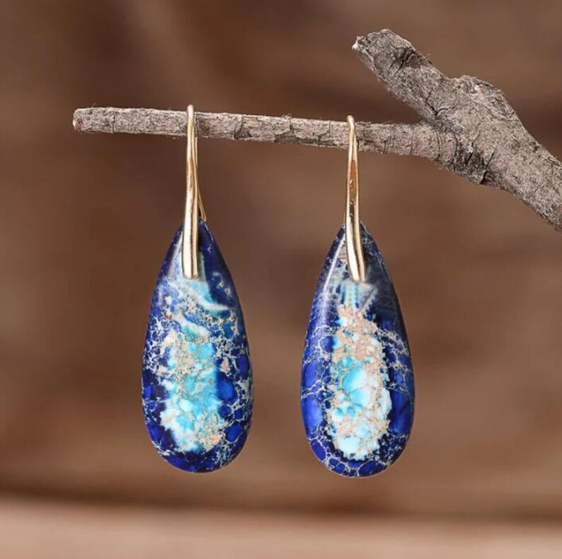 Natural Blue Sea Sediment Stone Dangle Healing Drop Earrings-Inner Peace Meditation Grounding Balance Mental Health Gemstone Earring 