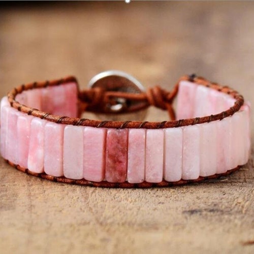 Rose Quartz Healing Stone Tube Braceletpink Gemstone Etsy