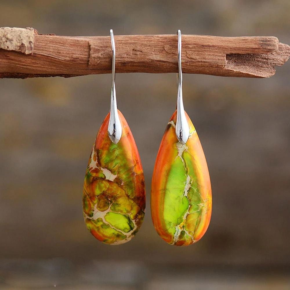 Orange Sea Sediment Stone Teardrop Dangle Healing Drop Earrings-Inner…