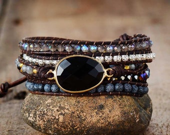Black Onyx Crystal Healing Bracelet-Natural Stone Balancing Calm Bracelet-Mental Health Meditation Spiritual Protection Anxiety Bracelet