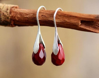 Red Jasper Stone Dangle Earrings-Healing Drop Earrings-Natural Stone Inner Peace Meditation Grounding Balance Mental Health Gemstone Earring