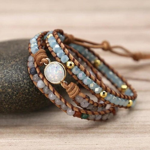 Boho Tube Shaped Natural Stone Leather Bracelet With Semi Precious Boho Tube Shaped Natural Stone Leather Bracelet With Semi Precious