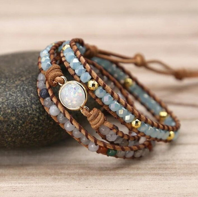 Healing Opal Protection Bracelet-Opal Stone Bead Meditation Bracelet-Natural Opal Moonstone Inspiring Bracelet-Leather Wrap Bracelet Gift 