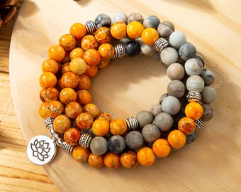 108 Lemon Matte Mala Bead Necklace-Orange Sea Sediment Prayer Bracelet-Natural Stone Bracelet-Meditation Spiritual Yoga Bracelet