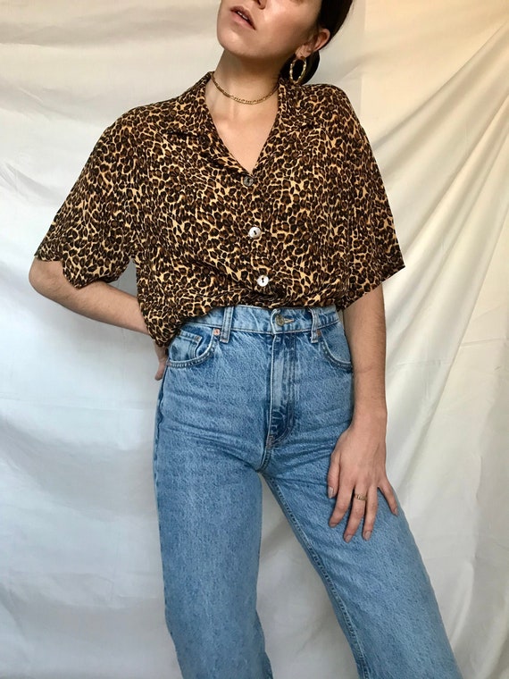 Vintage Leopard Short Sleeve Button-Down Blouse