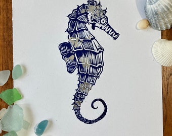Original seahorse linocut print with silver leaf details