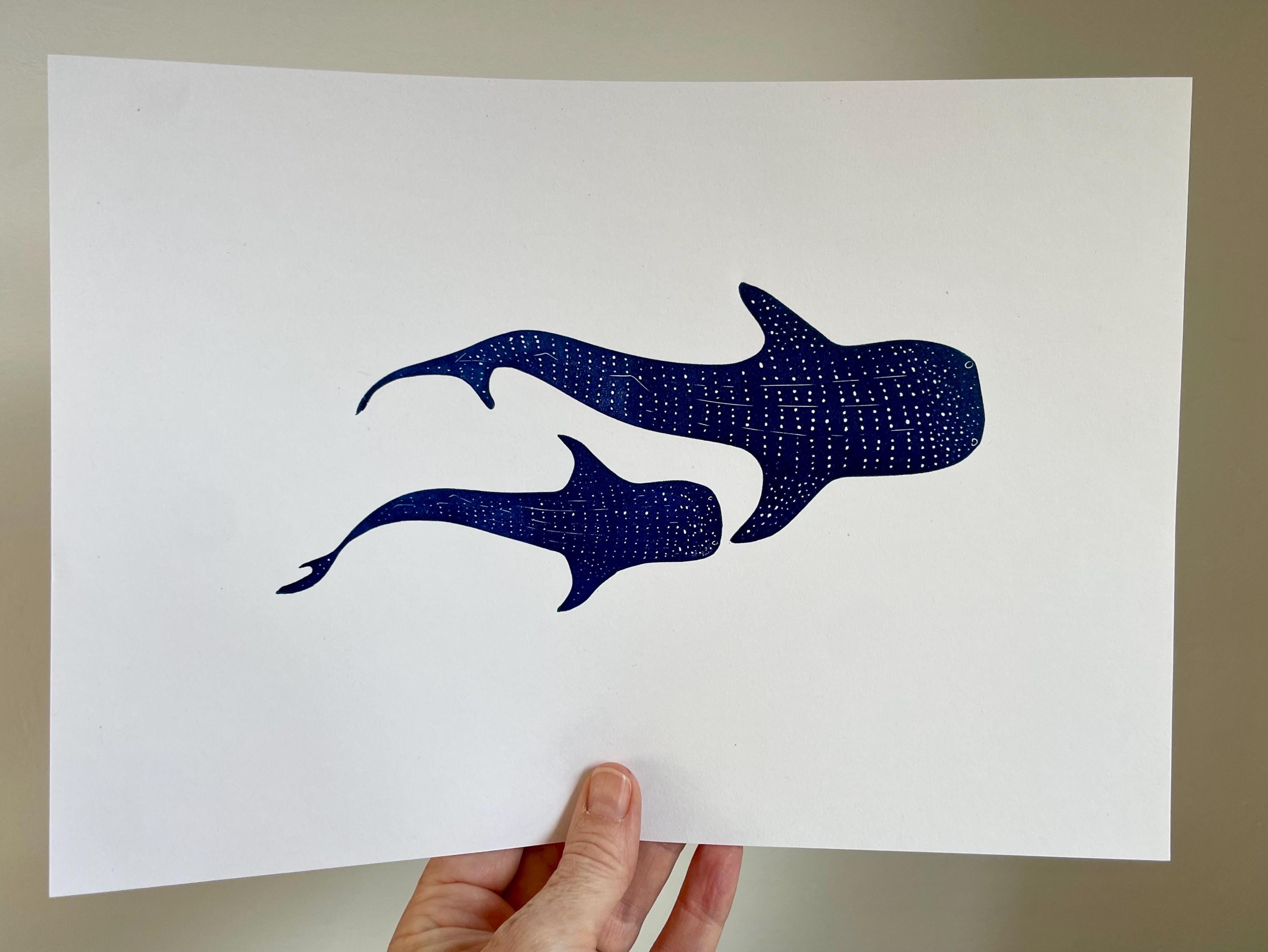 【2plan】Whale printing pigment short sleeve Whale Shark Whale Mother and Pup, Original Linocut Art Print