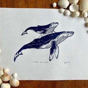 Humpback whale mother and calf, original linocut art print