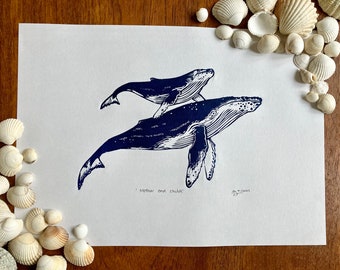 Humpback whale mother and calf, original linocut art print