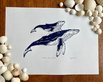 Humpback whale mother and calf, original linocut art print