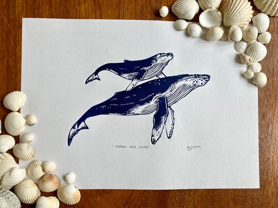 Humpback Whale Mother and Calf, Original Linocut Art Print - Etsy