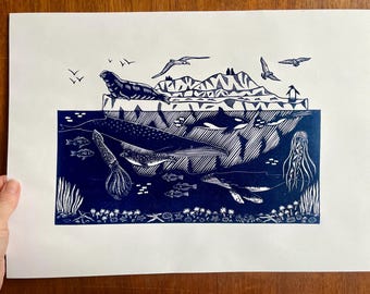 Kreaturen der Antarktis, Original Linoldruck, Eisberg, Fisch, Wal, Pinguin, Robbe, Schwertwal, Tintenfisch, Qualle
