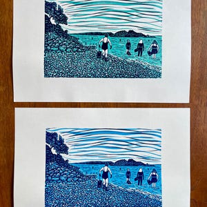 Sea swimmers, original linocut art print