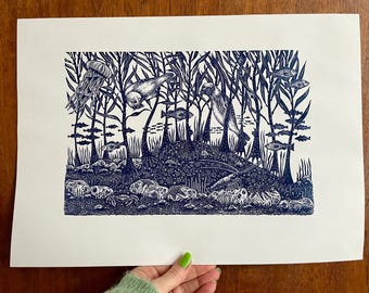 Kelp Forest, original linocut art print, seal, jellyfish, fish, seaweed, crab, starfish
