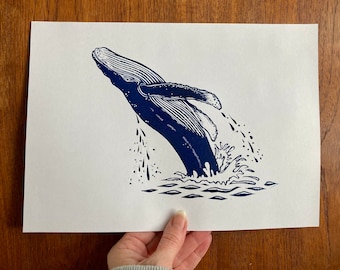Happy whale, original linocut art print