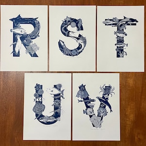 Ocean Alphabet linocut art print, shark, seal,