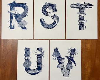 Ocean Alphabet linocut art print, shark, seal,