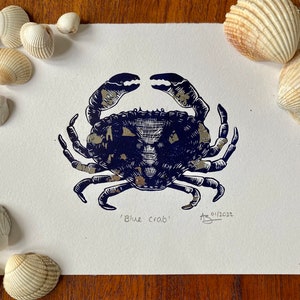 Blue crab original linocut art print, embellished by silver leaf