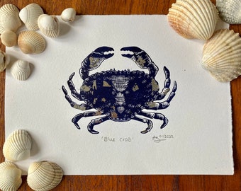 Blue crab original linocut art print, embellished by silver leaf