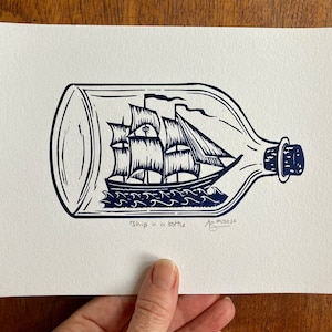 Ship in a bottle, original linocut print