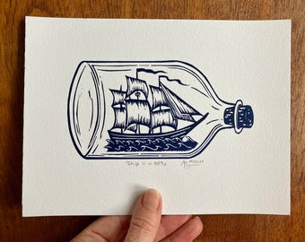 Ship in a bottle, original linocut print
