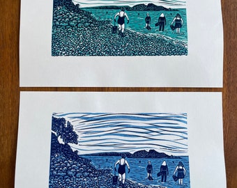 Sea swimmers, original linocut art print