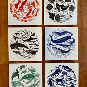 Circle of life’ pack of 6 greetings cards, taken from original linocut prints, whales, turtles, sharks, squids, rays and crustaceans