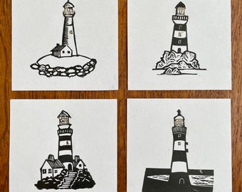 Mini lighthouse, linocut art prints