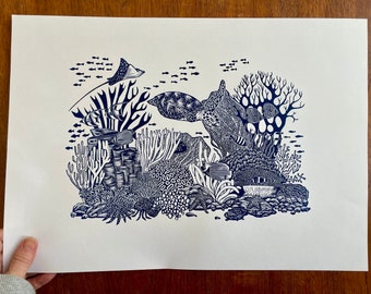 Coral Reef, original linocut art print, fish, seaweed, crab, shells