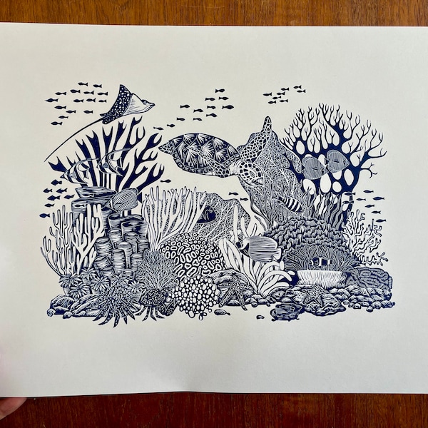 Coral Reef, original linocut art print, fish, seaweed, crab, shells