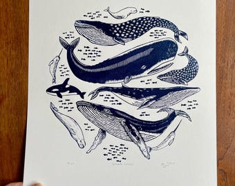 Círculo de ballenas, grabado original en linóleo.