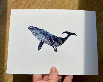 Whale original linocut print, silver leaf embellishments