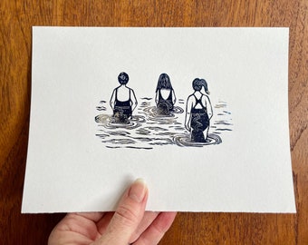 Sunday Swimmers, original linocut print with silver leaf