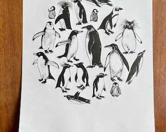 Original linocut art print ‘Penguin Circle’, Emperor Penguin, King Penguin, Gentoo Penguin, Chinstrap Penguin