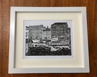 Barbican waterfront, original linocut print, Plymouth Devon
