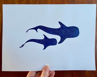 Whale shark whale mother and pup, original linocut art print