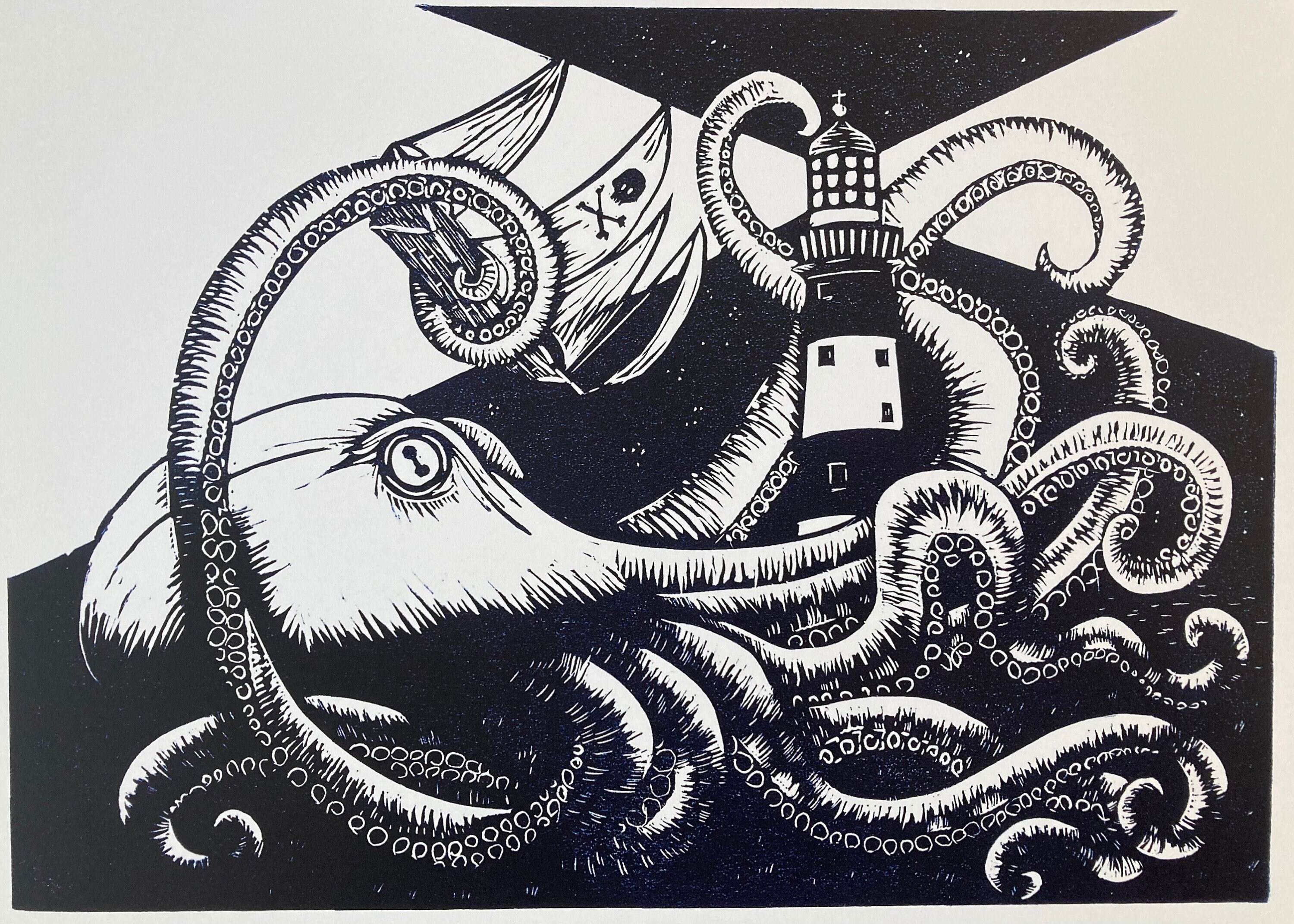 Kraken Attack Digital Print of an Original Linocut Print Etsy UK