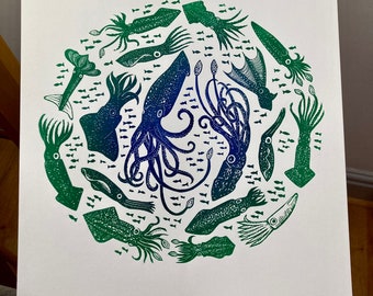 Squid circle, original linocut art print, limited edition